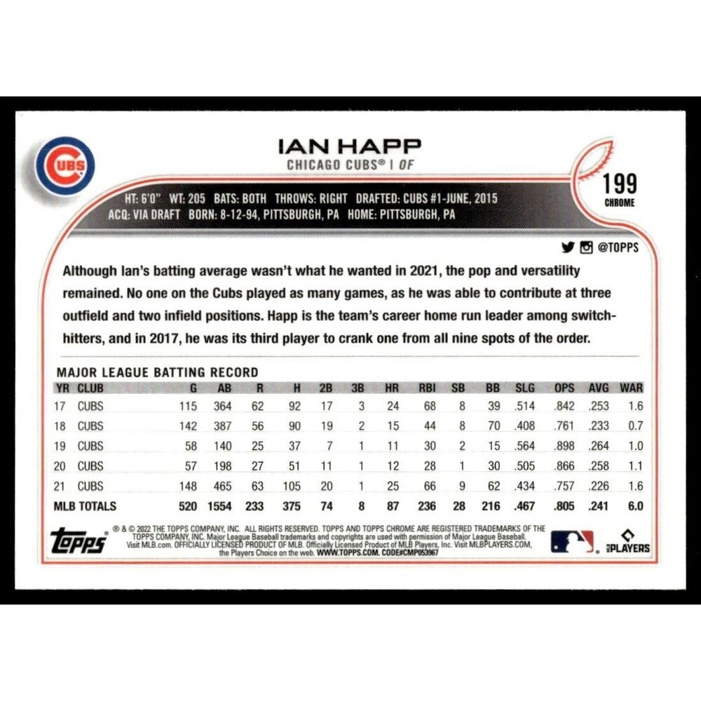 2022 Topps Chrome Ian Happ Chicago Cubs #199 - Picture 2 of 2
